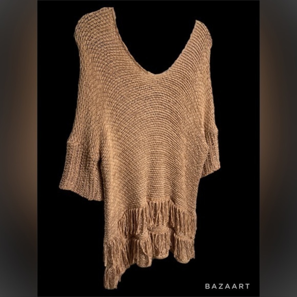 EUC Lauren Vidal sz small tan woven fringe v neck sweater made in Italy soft!